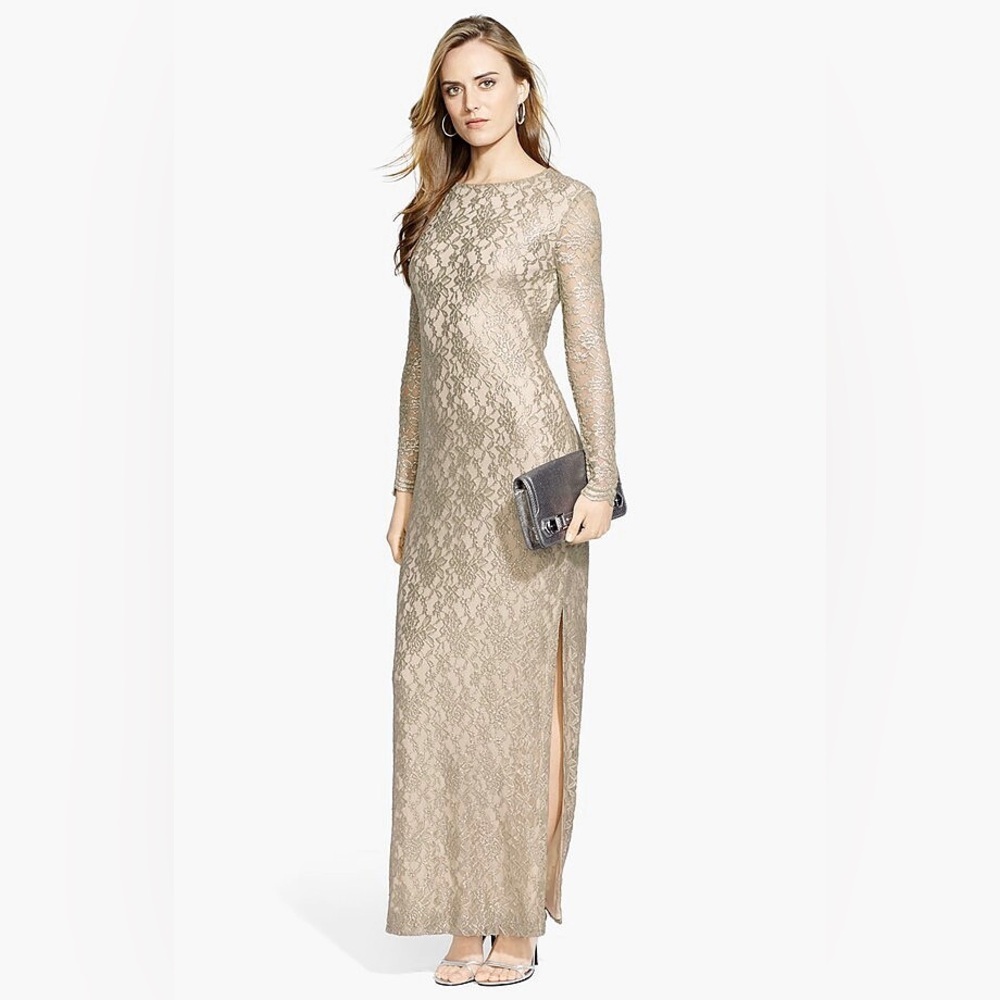 Lauren Ralph Lauren Evening Scalloped Metallic Lace Maxi Dress